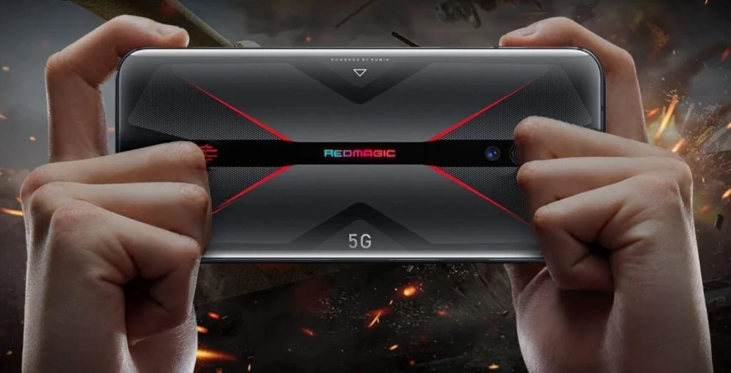Picture of hands holding the Nubia Red Magic 5G phone